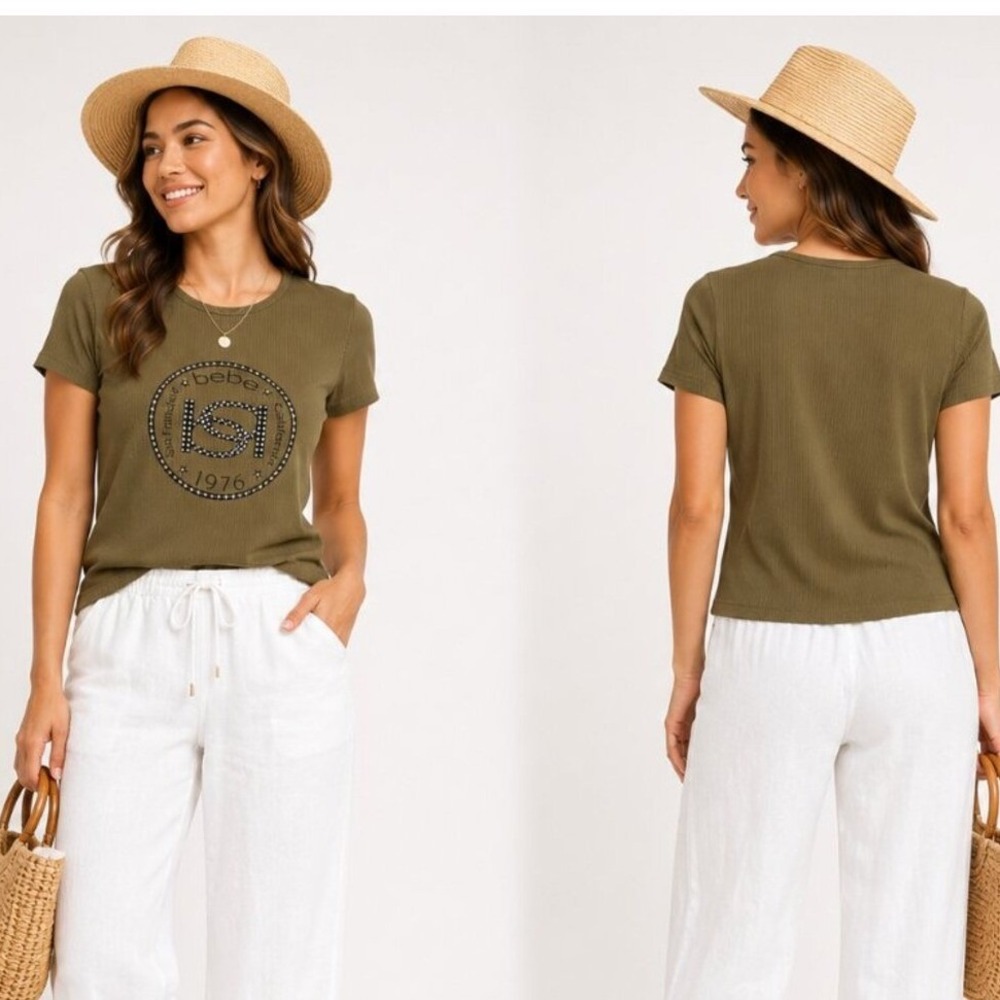 Bebe Olive Green Ribbed Rhinestone Logo Tee | Stretch Short Sleeve Top | Size XL